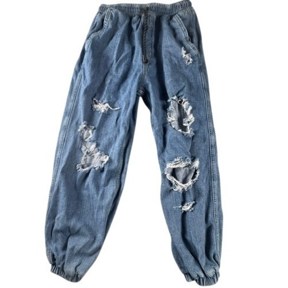 Free People Denim Joggers Womens Small Distressed Ripped Blue Elastic Waist